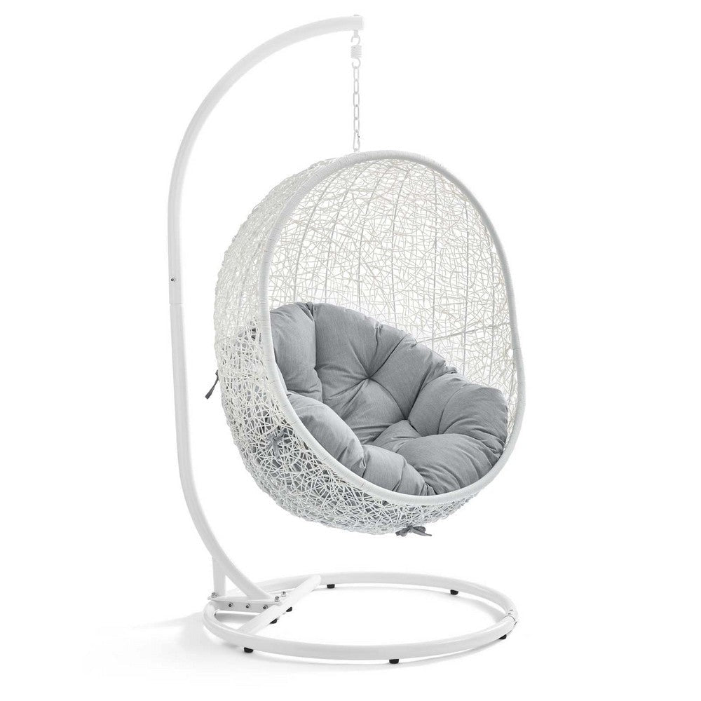 Modway Hide Wicker Rattan SunbrellaÂ® Outdoor Patio Porch Lounge Egg Swing Chair Set with Stand in White Gray