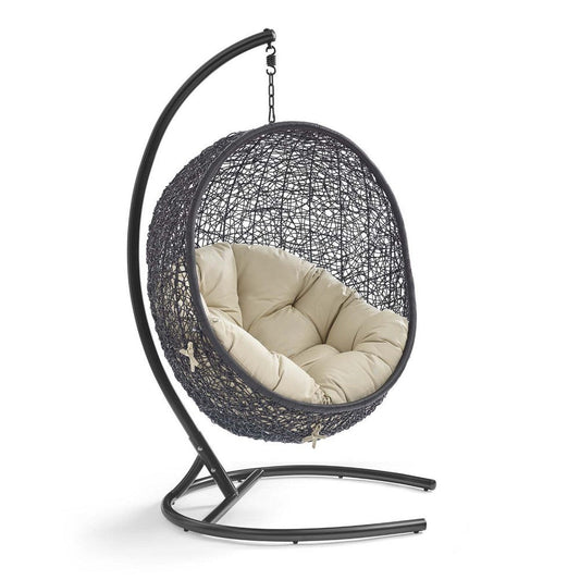 Modway EEI-3943-BLK-BEI Encase Wicker Rattan Outdoor Patio Porch Lounge Sunbrella Egg Swing Chair with Stand in Black Beige