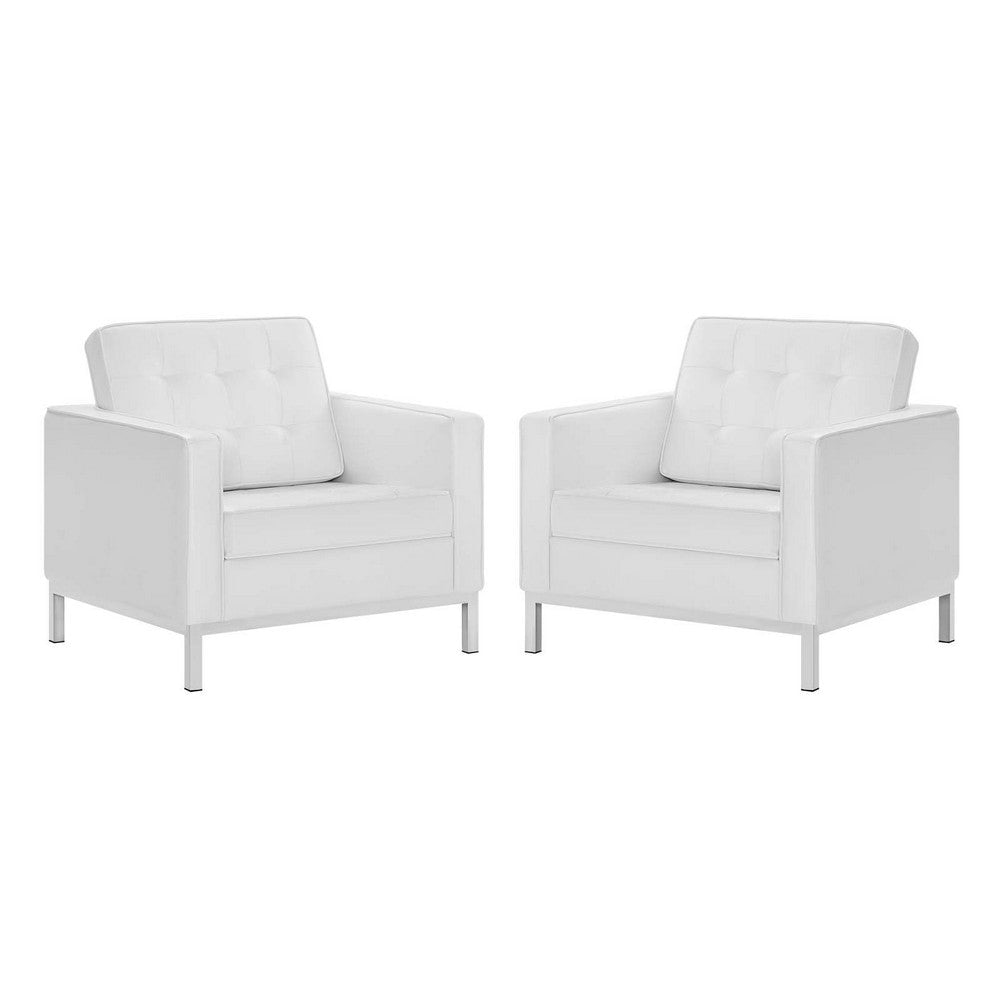 Modway Loft Tufted Upholstered Faux Leather Armchair Set of 2, Silver White