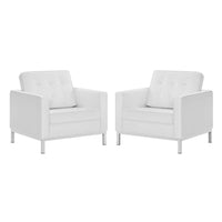 Modway Loft Tufted Upholstered Faux Leather Armchair Set of 2, Silver White