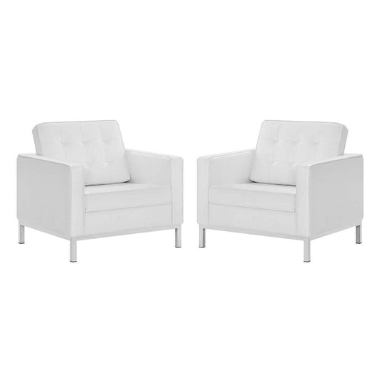 Modway Loft Tufted Upholstered Faux Leather Armchair Set of 2, Silver White