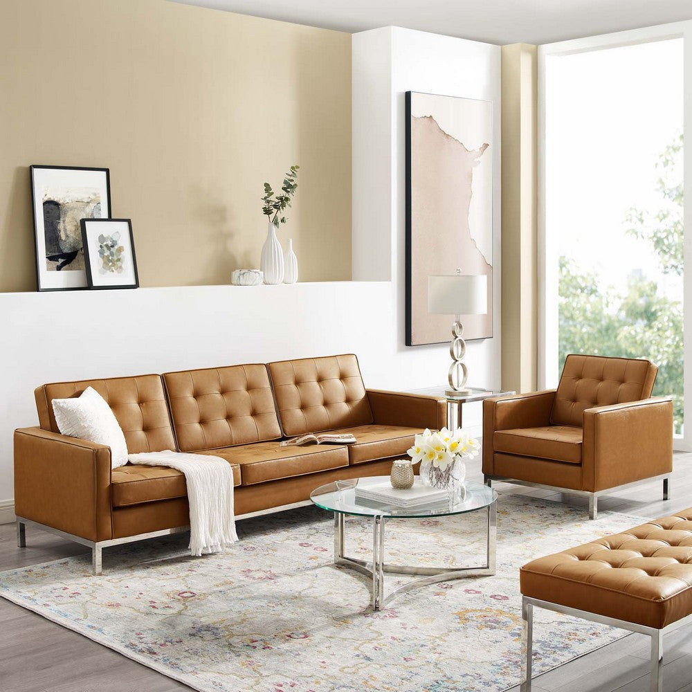 Modway Loft Tufted Upholstered Faux Leather Sofa and Armchair Set Silver Tan MDY-EEI-4104-SLV-TAN-SET