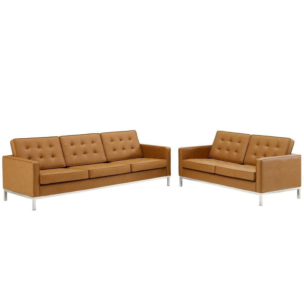 Modway Loft Tufted Upholstered Faux Leather Sofa and Loveseat Set, Silver Tan