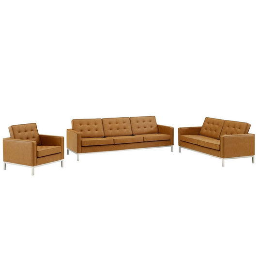 Modway Loft Tufted Upholstered Faux Leather 3 Piece Set, Silver Tan