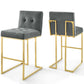 Modway Privy Gold Stainless Steel Performance Velvet Bar Stool Set of 2 in Gold Charcoal