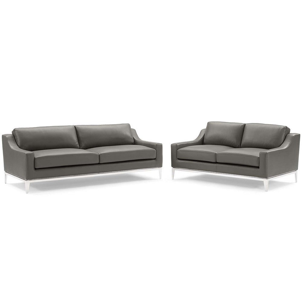 Modway Harness Stainless Steel Base Leather Sofa & Loveseat Set in Gray