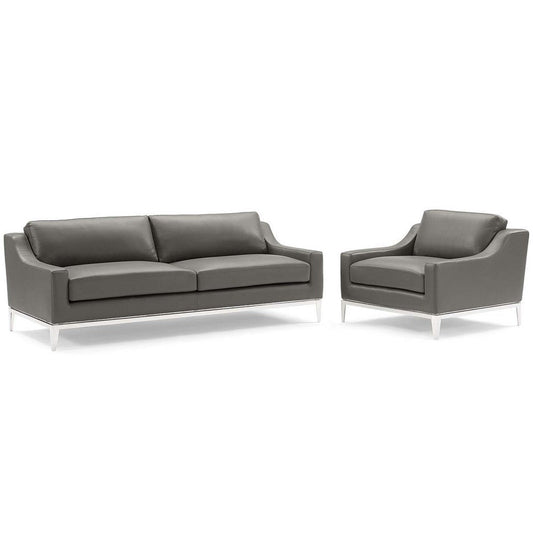 Modway Harness Stainless Steel Base Leather Sofa & Armchair Set in Gray