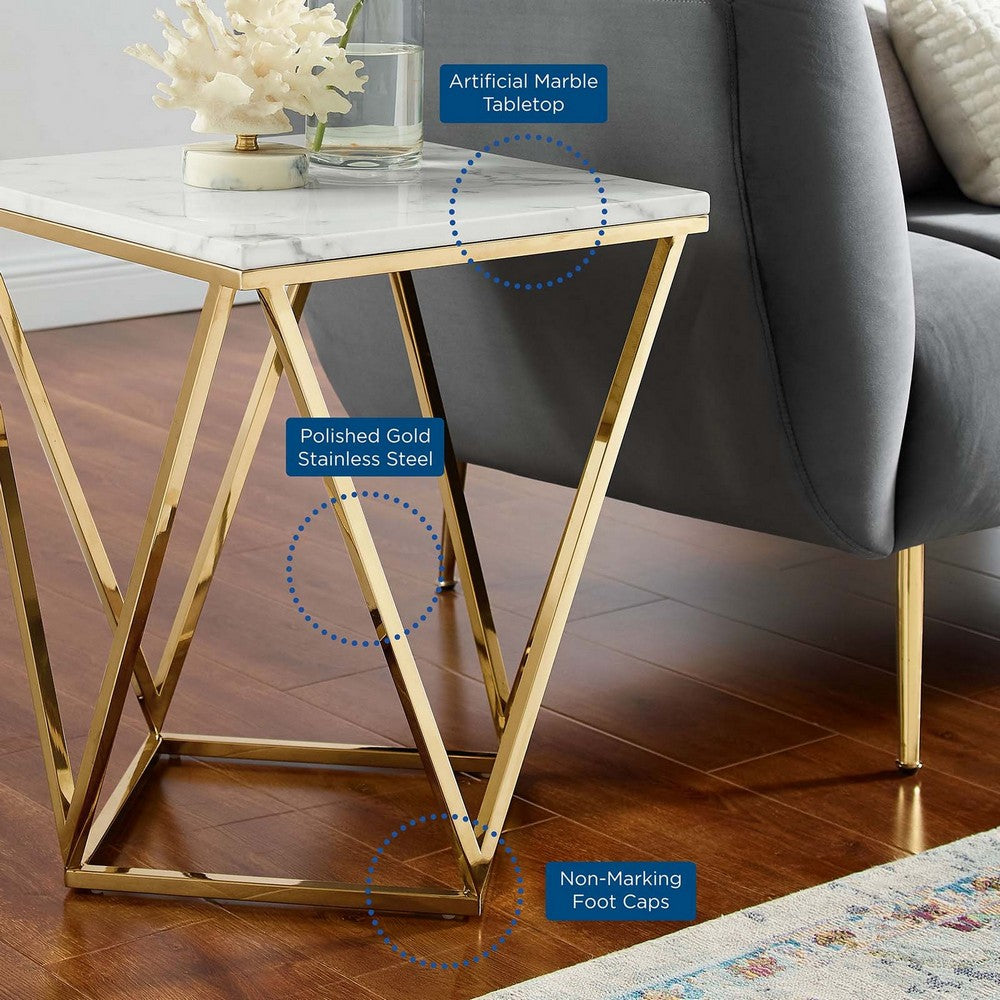 Vertex Gold Metal Stainless Steel End Table by Modway| White