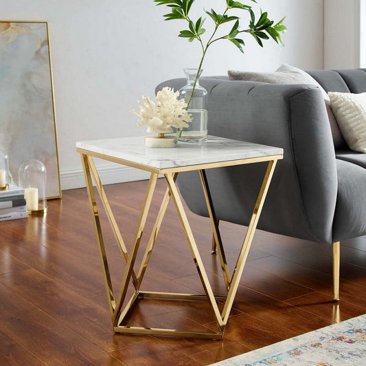 Modway Vertex Geometric Artificial Marble, End Table, Gold White