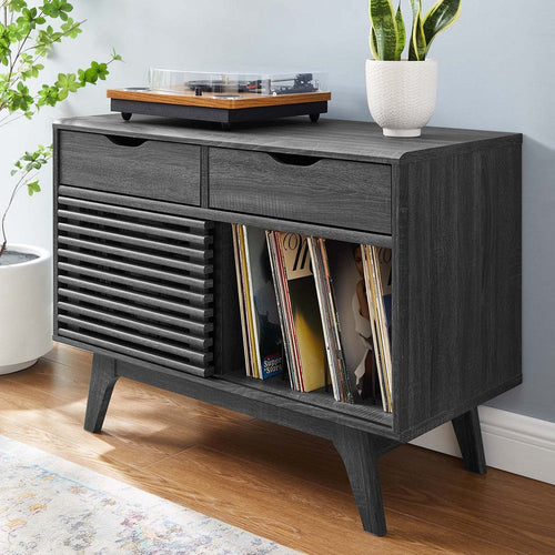 Modway Render Mid-Century Modern 37" Vinyl Record Display Stand with Drawers in Charcoal