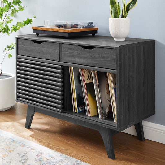 Modway Render Mid-Century Modern 37" Vinyl Record Display Stand with Drawers in Charcoal