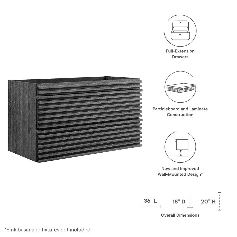 Modway Render 36’’ Wall-Mount Bathroom Vanity Cabinet in Charcoal - Sink Basin Not Included