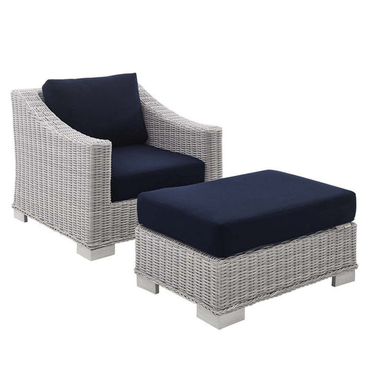 Modway Conway Sunbrella Outdoor Patio Wicker Rattan 2-Piece Armchair and Ottoman Set, Light Gray Navy