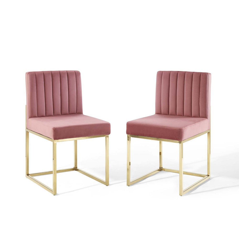 Modway Carriage Channel Tufted Sled Base Performance Dining Chair, Set of 2, Gold Dusty Rose