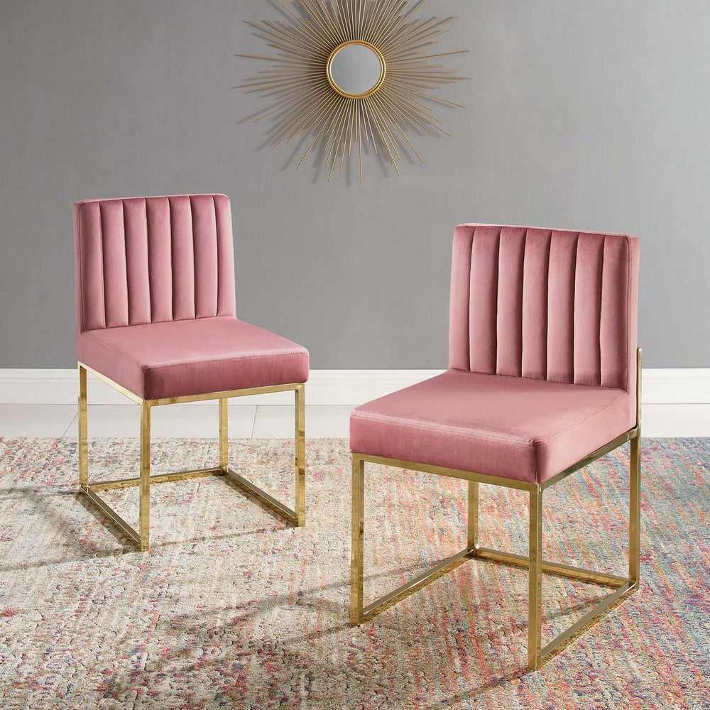 Modway Carriage Channel Tufted Sled Base Performance Dining Chair Set of 2 Gold Dusty Rose MDY-EEI-4507-GLD-DUS