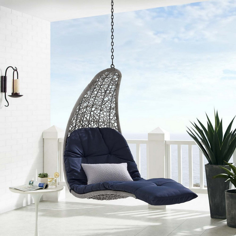 Modway EEI-4589-LGR-NAV Landscape Wicker Rattan Outdoor Patio Porch Chaise Lounge Hanging Swing Chair Light Gray Navy MDY-EEI-4589-LGR-NAV