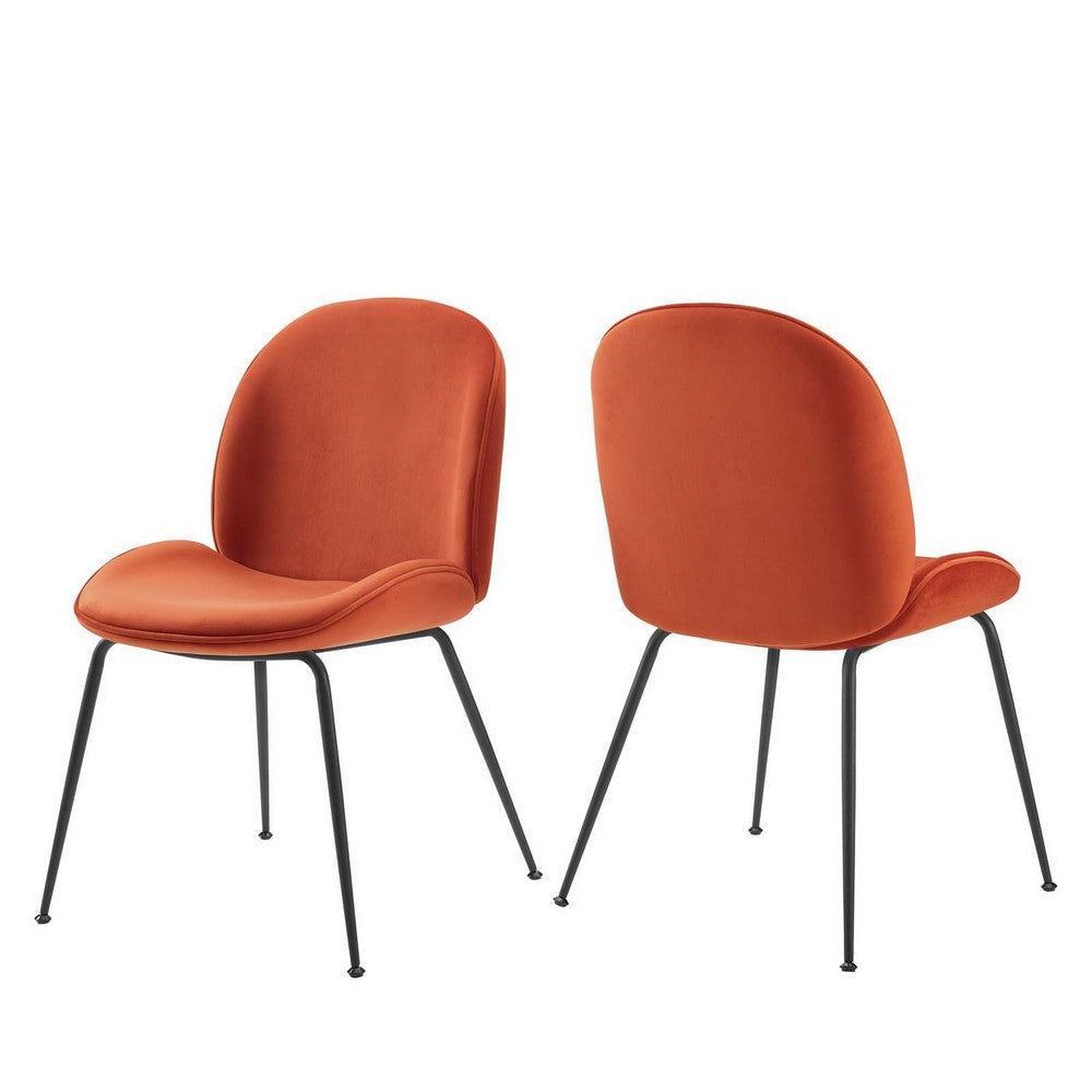 Modway Scoop Performance Velvet Dining Chairs-Set of Two in Orange with Black Metal Legs