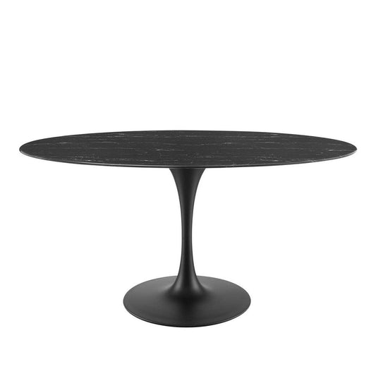 Modway Lippa Oval 60" Mid-Century Modern Artificial Marble Dining Table in Black Black