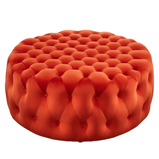 Modway Amour Tufted Button Large Round Performance Velvet Ottoman in Orange