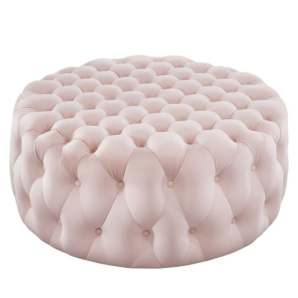 Modway Amour Tufted Button Large Round Performance Velvet Ottoman in Pink