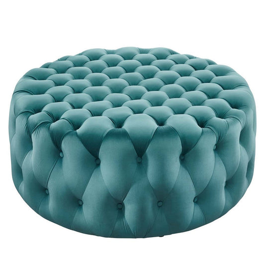 Modway Amour Tufted Button Large Round Performance Velvet Ottoman, Sea Blue