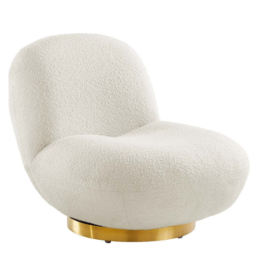 Modway Kindred Boucle Upholstered Fabric Swivel Chair with Matte Black Base, Gold Ivory