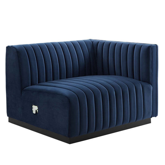 Modway Conjure Channel Tufted Upholstered Performance Velvet Sectional Sofa Right-Arm Chair in Black Midnight Blue