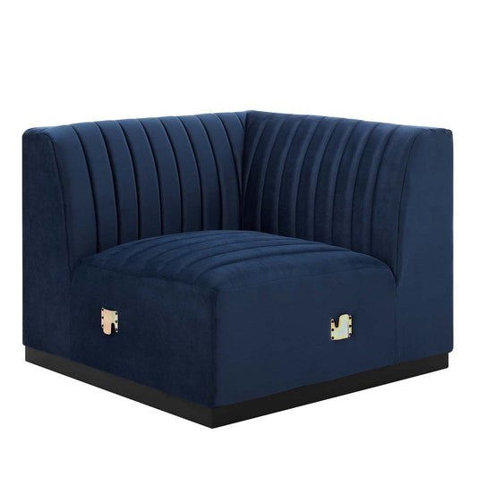 Modway Conjure Modern Channel Tufted Velvet Left Corner Chair in Midnight Blue