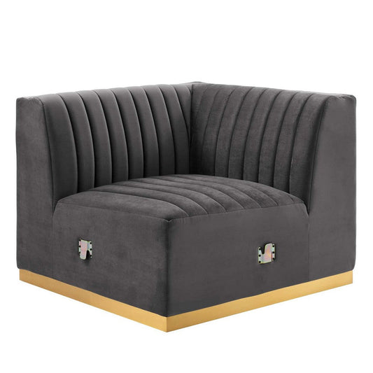 Modway Conjure Channel Tufted Upholstered Performance Velvet Sectional Sofa Right Corner Chair in Gold Gray