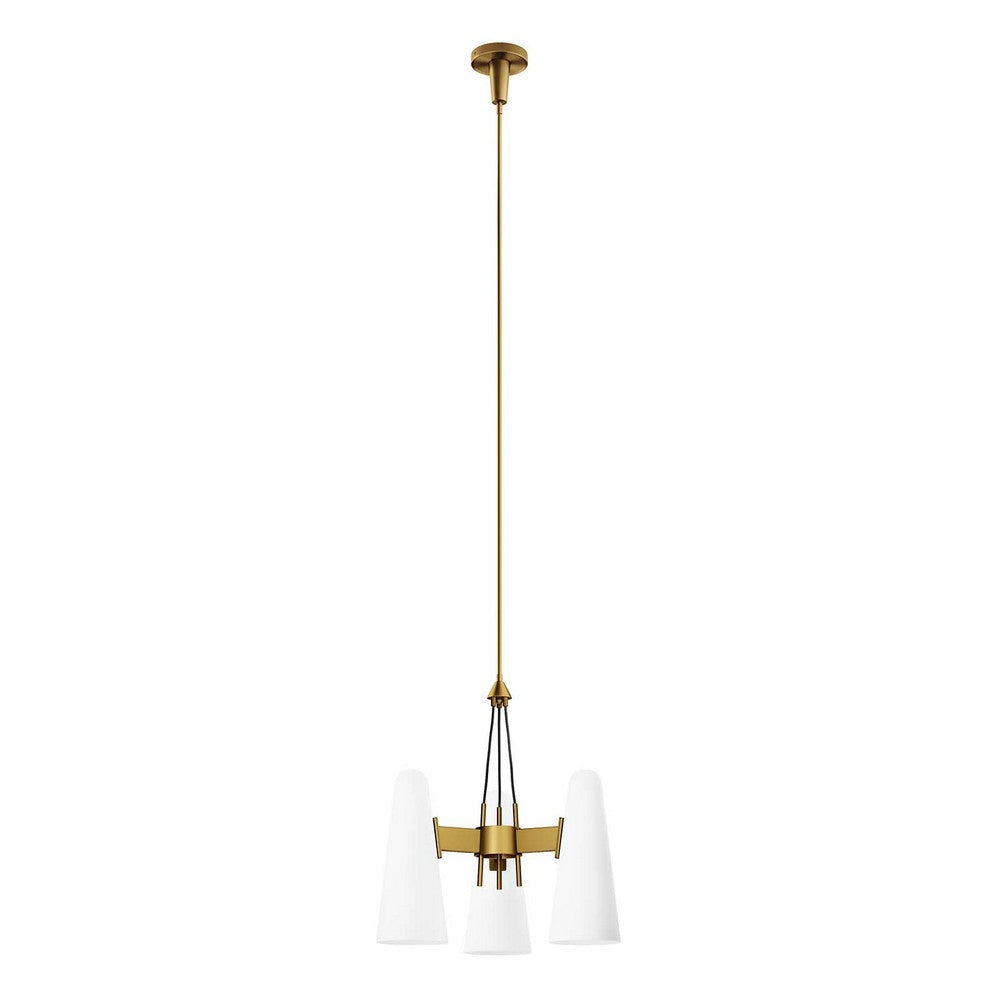 Modway Beacon 3-Light Pendant Light in Opal Satin Brass, Brown, 20.5 x 20.5 x 73