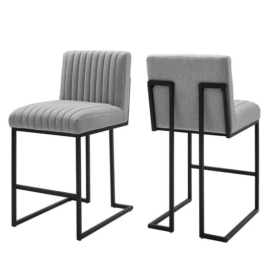 Modway Indulge Channel Tufted Fabric Counter-Height Bar Stools in Light Gray - Set of 2