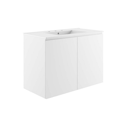 Modway Bryn Wall-Mount Bathroom Vanity, 36 Inch, White White