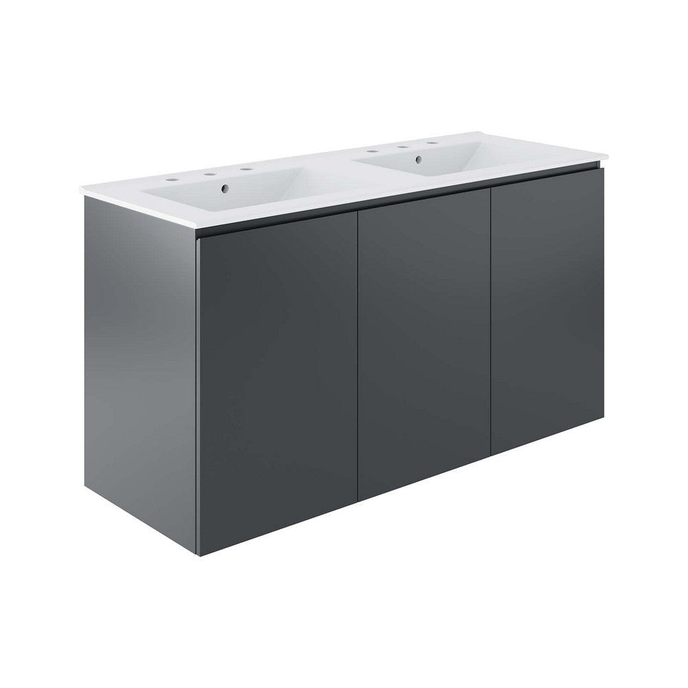 Modway Bryn Wall-Mount Bathroom Vanity, 48" with Double Sink, Gray White