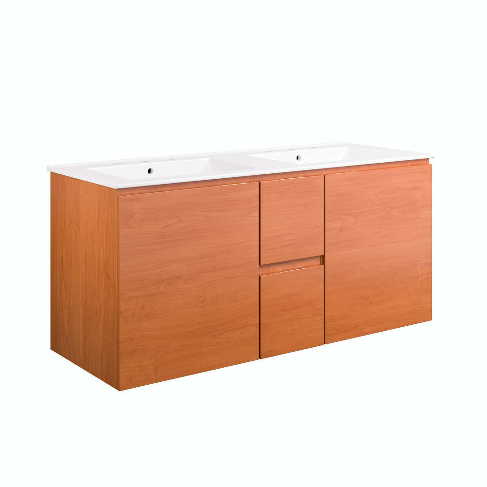 Modway Scenic Wall-Mount Bathroom Vanity Cabinet-with Ceramic, 48" Double Sink, Cherry White