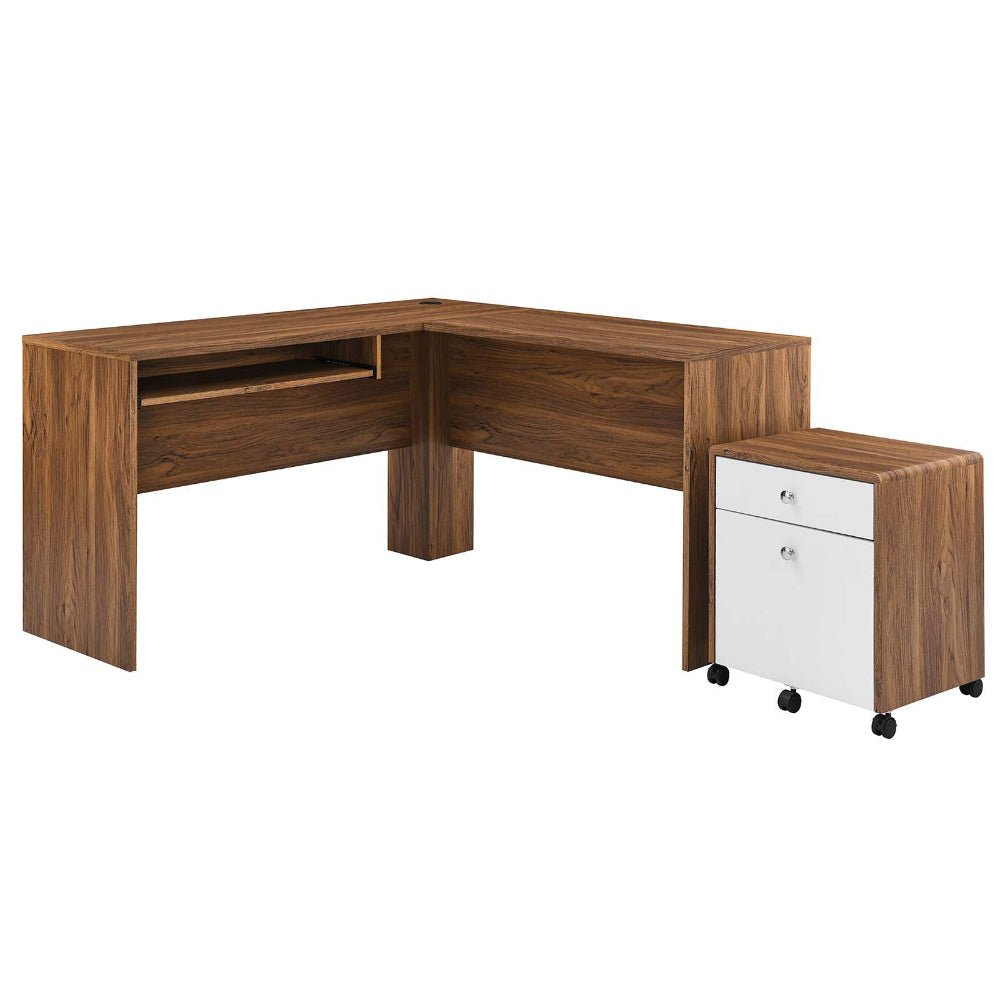 Modway Transmit Mid-Century Modern Office Walnut White, Desk and File Cabinet Set