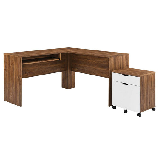 Modway Envision Mid-Century Modern, Desk and File Cabinet Set, Walnut White