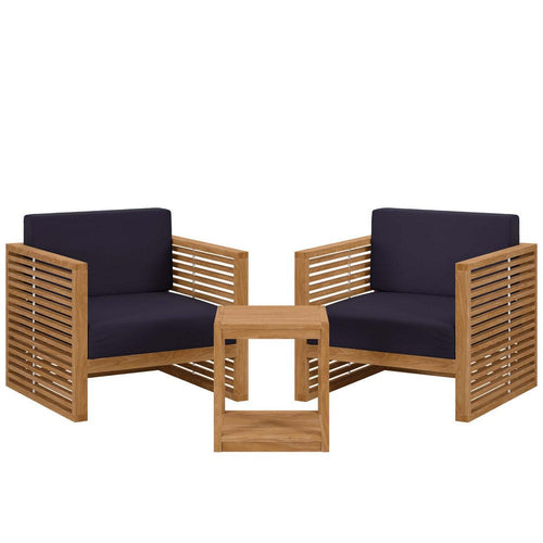Modway Carlsbad Teak Wood Outdoor Natural Navy, 3-Piece Patio Set