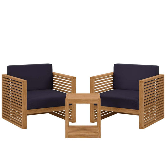 Modway Carlsbad Teak Wood Outdoor Natural Navy, 3-Piece Patio Set