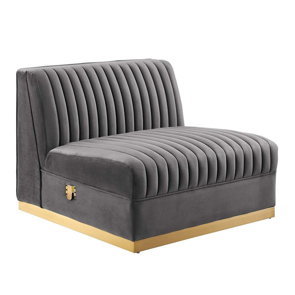 Modway Sanguine Channel Tufted Performance Velvet Modular Sectional Sofa Ottoman, Armless Chair, Gray