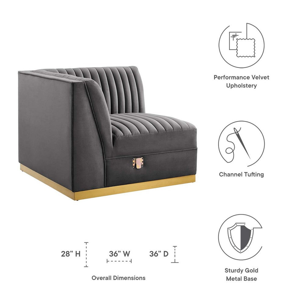 Sanguine Channel Tufted Performance Velvet Modular Sectional Sofa Left Corner Chair by Modway| Gray