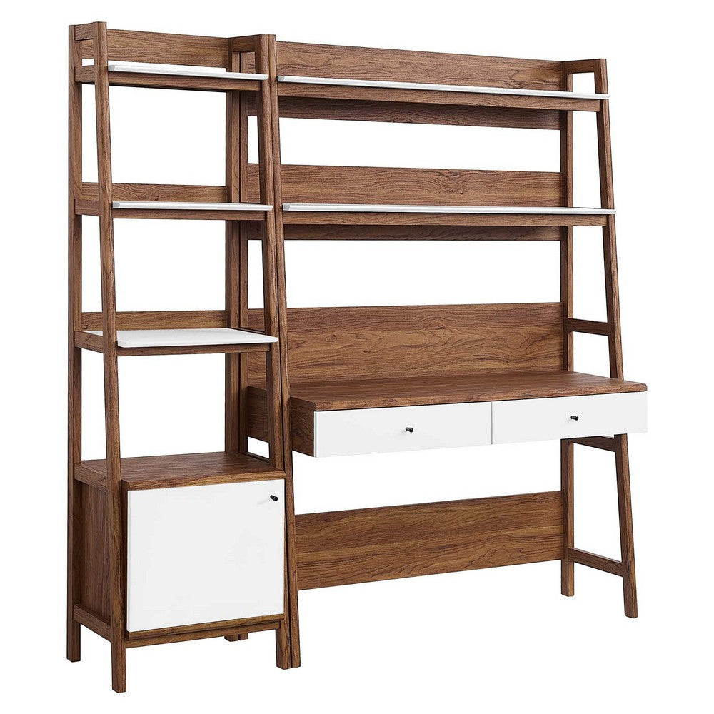 Modway Bixby 2-Piece Home Office Desk and Bookshelf Display Case in Walnut White
