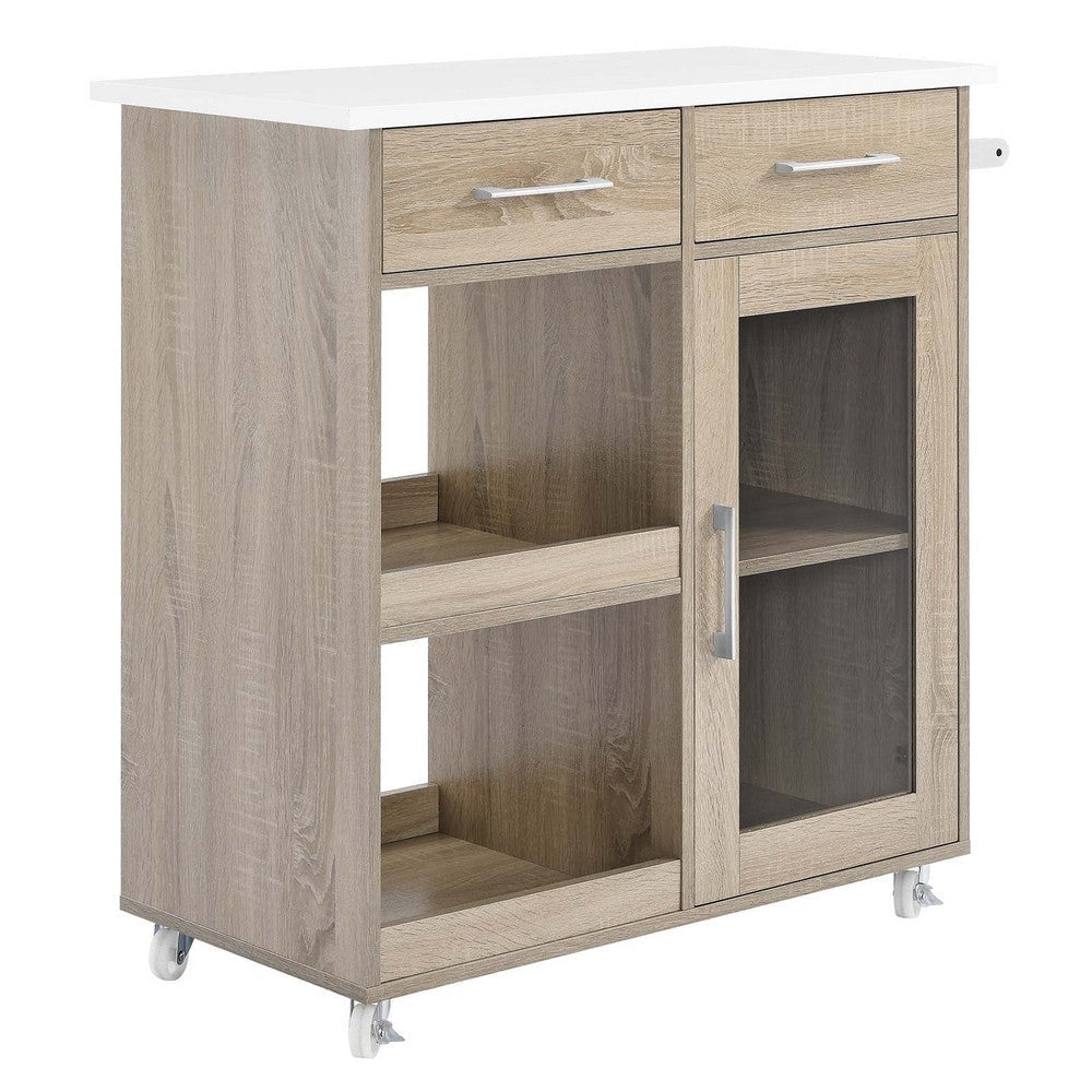 Modway Culinary Rolling Kitchen Cart with Storage in Oak White - 3 Tiers Kitchen Island on Wheels with Towel Bar, Functional as a Coffee Station, Bar Cabinet or Butcher Block Island