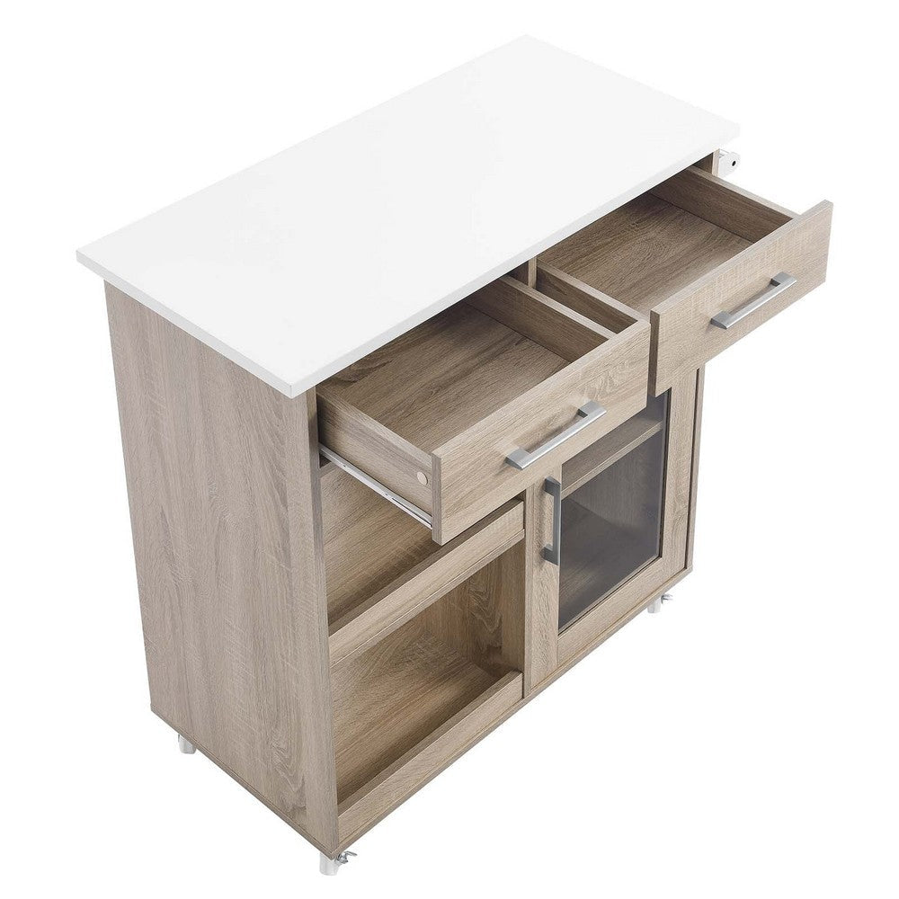 Modway Culinary Rolling Kitchen Cart with Storage in Oak White - 3 Tiers Kitchen Island on Wheels with Towel Bar Functional as a Coffee