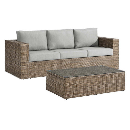 Modway Convene Wicker Rattan Outdoor Patio 2-Piece Sofa and Coffee Table Set in Cappuccino Gray