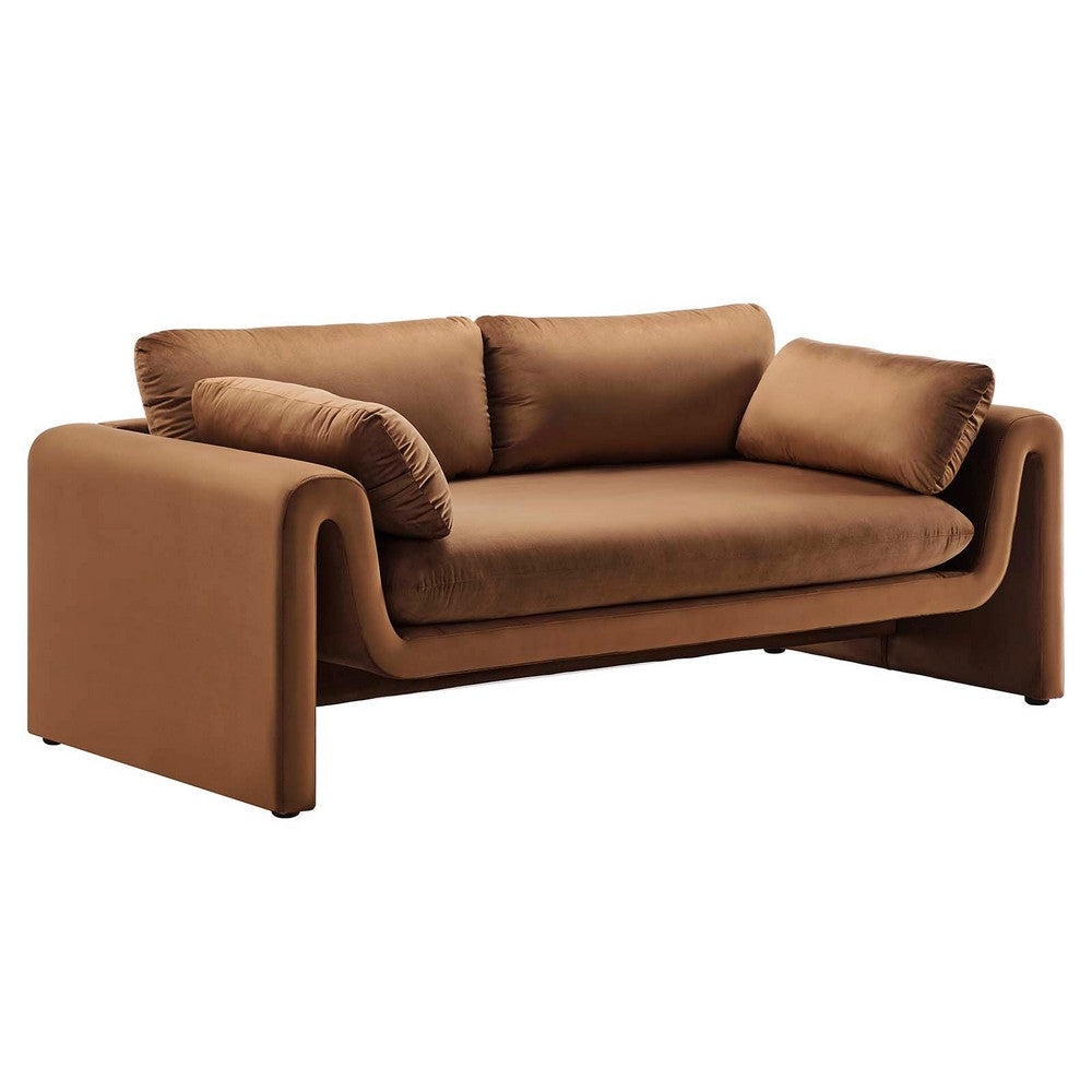 Modway Waverly Performance Velvet Sofa in Brown-Unique Wavy Design, Stain-Resistant Upholstery