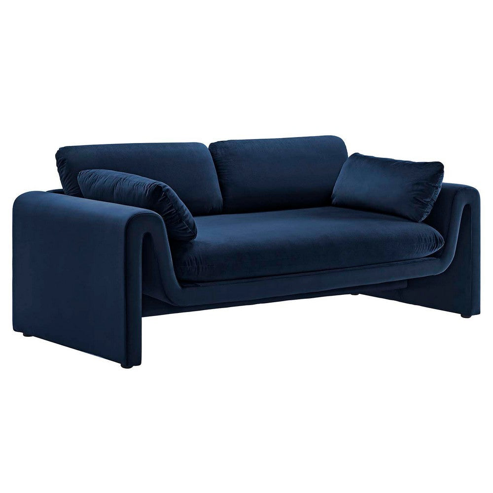 Modway Waverly Performance Velvet Sofa in Midnight Blue-Unique Wavy Design, Stain-Resistant Upholstery