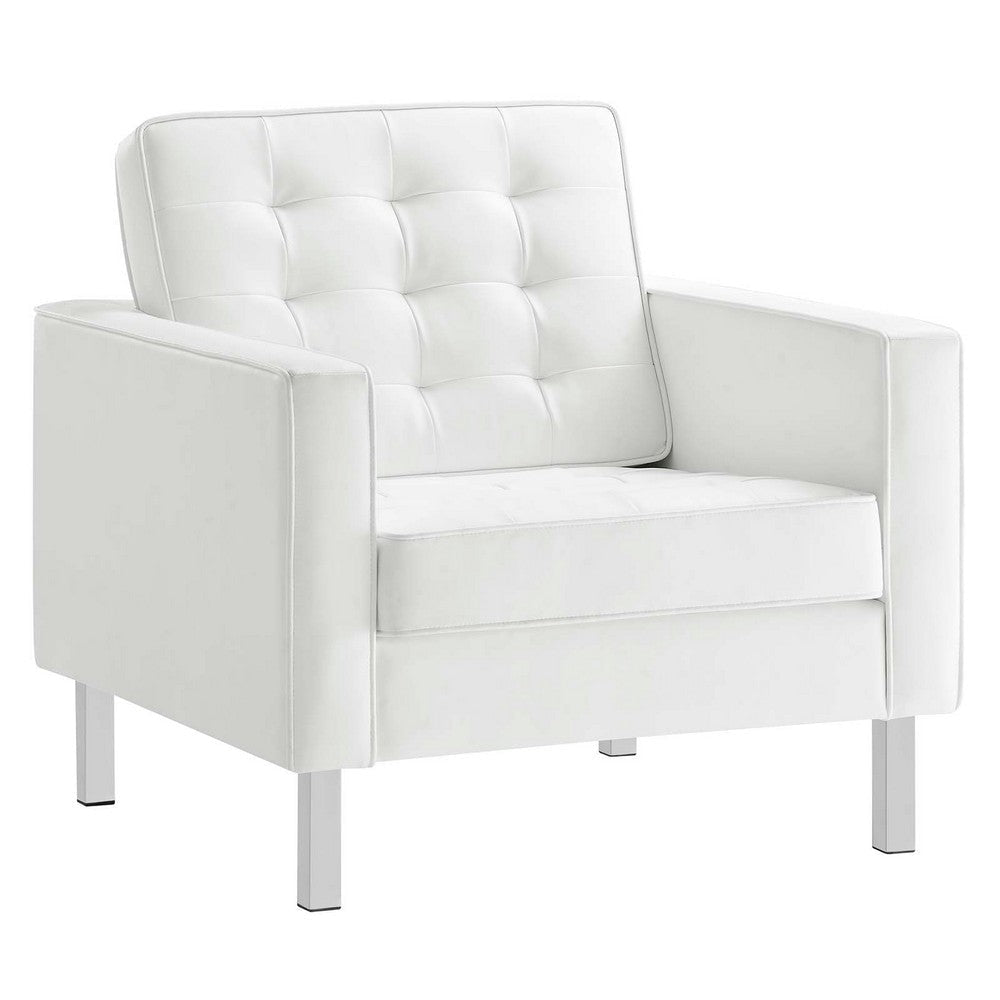 Modway Loft Tufted Vegan Leather Upholstered Living Room 2-Piece Armchair and Ottoman Set in Silver White MDY-EEI-6409-SLV-WHI-SET