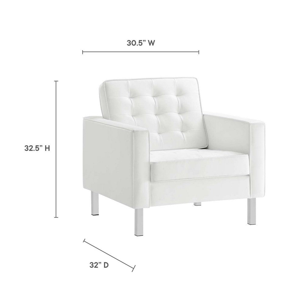 Modway Loft Tufted Vegan Leather Upholstered Living Room 2-Piece Armchair and Ottoman Set in Silver White MDY-EEI-6409-SLV-WHI-SET