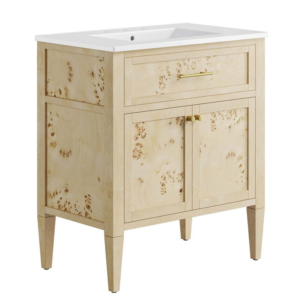 Modway Elysian 30" Wood Bathroom Vanity in White Burl with Ceramic Sink Basin