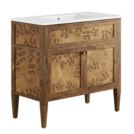 Modway Elysian 36" Burl Wood Bathroom Vanity in White Brown with Ceramic Sink Basin